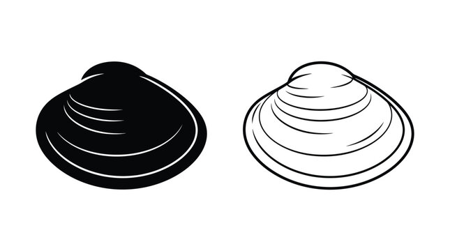 Clam shell silhouettes in black and white line art style