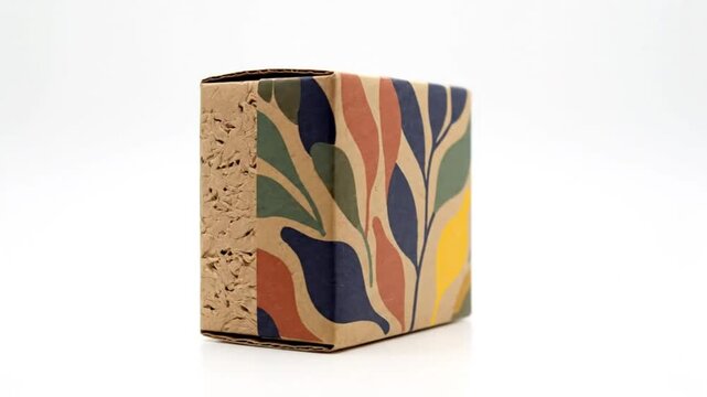 Rotating square cardboard box with botanical pattern packaging design on a white background, studio shot