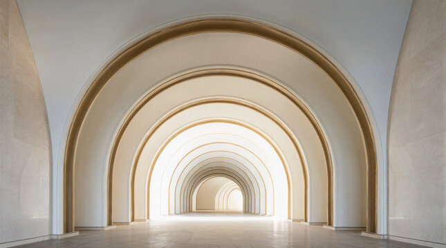 Semicircular ceiling arches extend through a long empty passage toward a distant bright opening