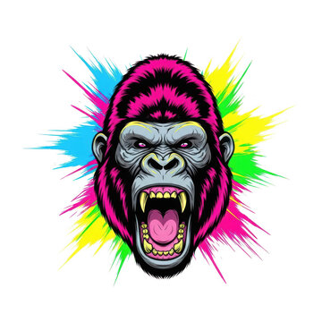 Colorful gorilla roaring with vibrant explosion effect
