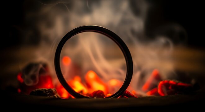 Close-up of a burning ring of fire with smoke and glowing embers in dark environment