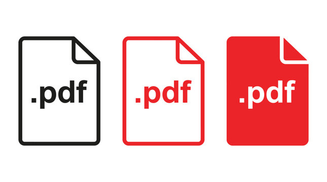 Three PDF file format vector icons displaying different border styles and solid red color variations for modern digital document design