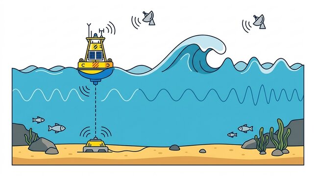 Oceanographic Monitoring Buoy System Detecting Underwater Seismic Waves and Tsunami &ndash; Wildlife Science Illustration
