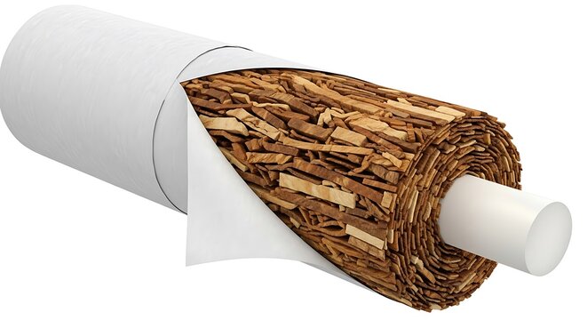 Close-up of a wood sample with bark attached on a white background