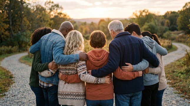 Diverse group of friends standing with arms around each other on a rural path at sunset