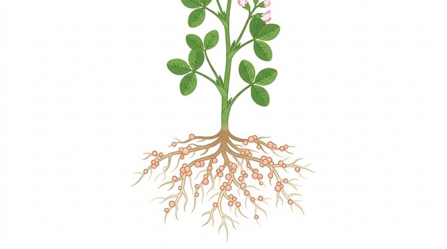 Legume Plant Showing Root Nodules for Nitrogen Fixation with Green Foliage and Small Flowers Isolated &ndash; Scientific Diagram Illustration