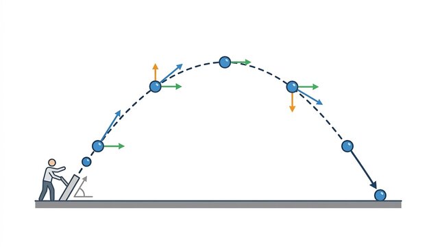 Projectile Motion Showing a Ball Launched from a Ramp Along a Parabolic Trajectory with Velocity &ndash; Physics Diagram Illustration