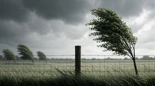 Strong wind bends trees violently in an open field while a sturdy fence post stands upright