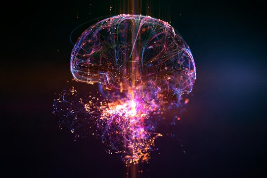 Digital brain visualization with glowing neural pathways. Network of connections illuminated with vibrant energy. Technology concept for data processing and thought