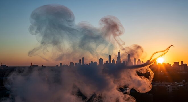 Silhouette of a person with a flaming torch performing a fire dance in an urban skyline at sunset with smoke effects