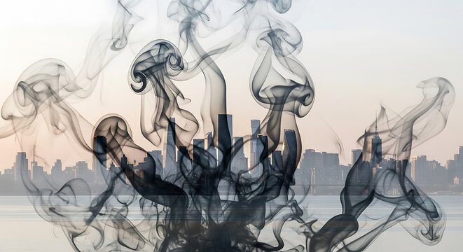 Abstract double exposure smoke art with dark tones and flowing patterns