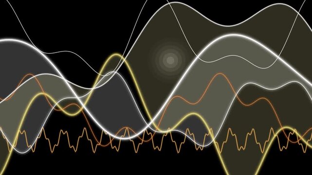 White and gold flowing waves above an orange sound wave