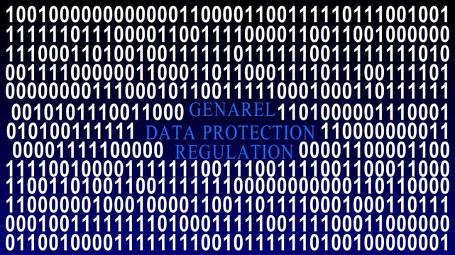 General data protection regulation text or word with digital binary animation background, designed for an illustrative digital world technology concept  and compliance motion video.