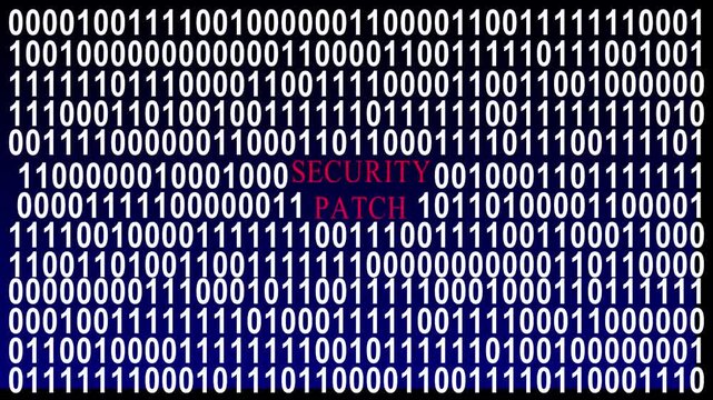 Security patch text or word with digital binary animation background, designed for an illustrative digital world technology concept representing software updating, system defense