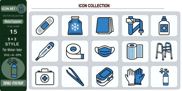 Collection of medical protective supplies and basic healthcare monitoring tools with medical icon