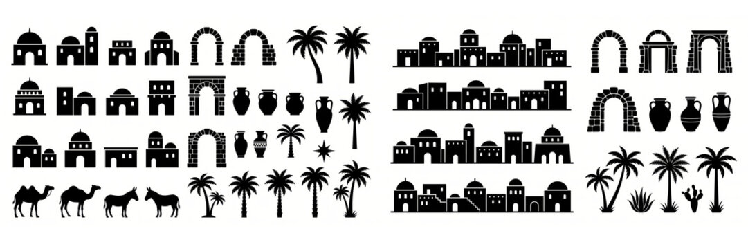 silhouettes of ancient biblical town, palm trees, camels, and arches on white background. historic middle eastern village set. vector icon, banner, website header.
