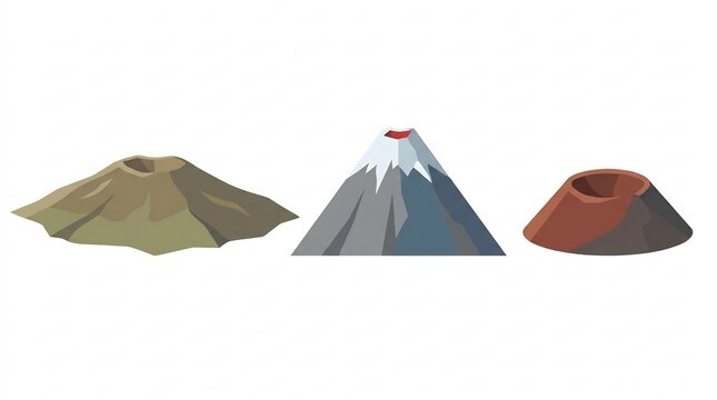 Three Different Volcano Types Including Shield, Stratovolcano, and Cinder Cone Shapes on White Background &ndash; Scientific Diagram Illustration