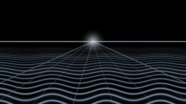 White wireframe wave grid stretching to a glowing horizon point
