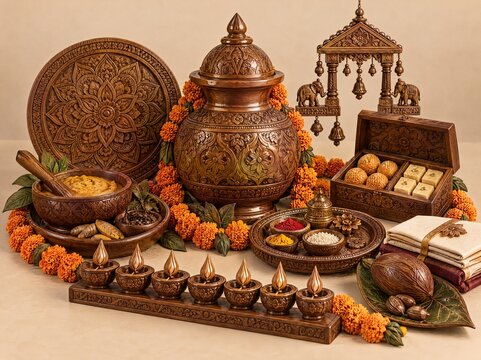 Glossy walnut wood Choti Diwali Naraka Chaturdashi abhyanga ritual oil bath before diwali puja thali diya on beige background