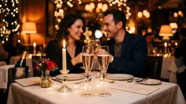Romantic couple toasting with champagne during a candlelit dinner date