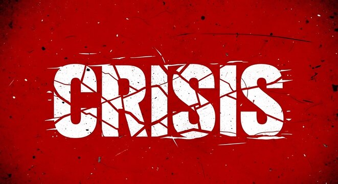 Close-up of the word crisis painted in white on a red background