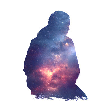 Double Exposure Silhouette of Sitting Man with Cosmic Galaxy and Nebula Pattern