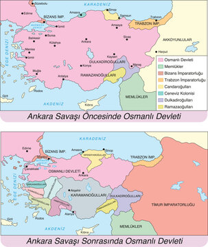 Ottoman Empire Before and After the Battle of Ankara Historical Map with Turkish Labels (Ankara Savaşı &Ouml;ncesinde ve Sonrasında Osmanlı Devleti Haritası)