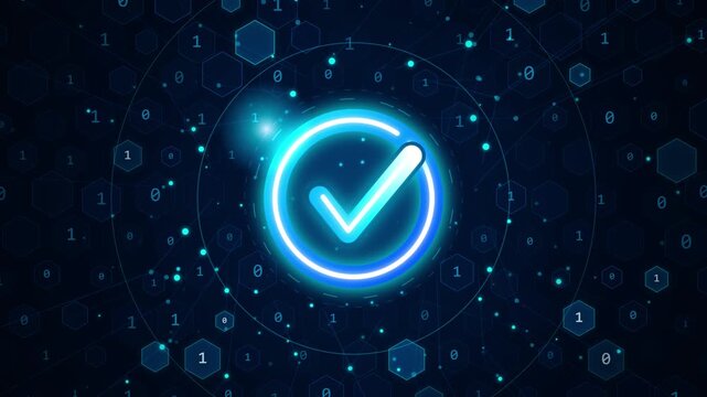 Abstract digital technology background featuring a glowing neon blue checkmark symbol within a circular interface surrounded by binary code and hexagonal network patterns