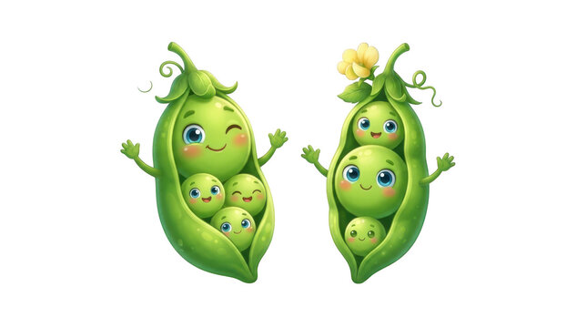 Cute cartoon pea pods with happy faces and expressive eyes, vibrant green vegetable characters with arms and a flower, isolated on transparent background