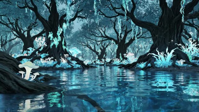 Ethereal swamp creatures emerge from misty water during twilight with glowing eyes and skeletal trees