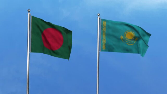 Bangladesh and Kazakhstan Waving Flags, 3D Illustration