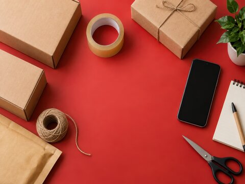 top view of shipping supplies, craft parcel boxes, scissors, smartphone, and notebook on red background with copyspace. order fulfillment, packaging.