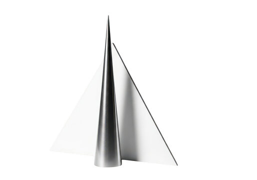 Abstract metallic cone shape with geometric paper background isolated on transparent background