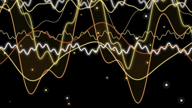 Golden glowing wave lines with sparkling particles on black