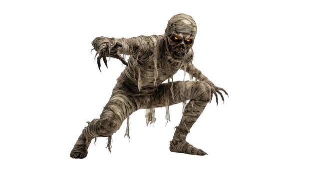 A terrifying ancient mummy wrapped in tattered bandages in a crouching attack pose with glowing orange eyes isolated on transparent background