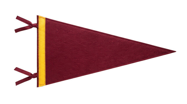 Blank maroon felt pennant flag with a yellow vertical stripe and ties on the left side isolated on transparent background