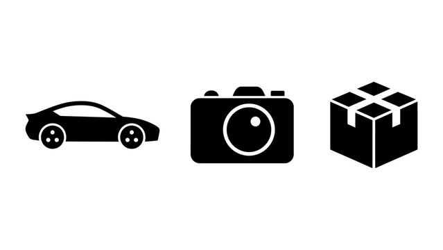 Coupe car compact camera and wrapped gift box vector icons with camera icon vehicle sign photography equipme