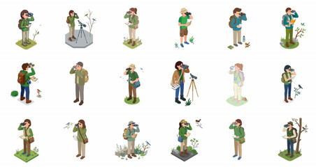 Obraz premium Isometric set of birdwatcher characters and ornithologists looking through binoculars, using spotting scopes, and taking notes in nature during an outdoor hobby or wildlife observation.