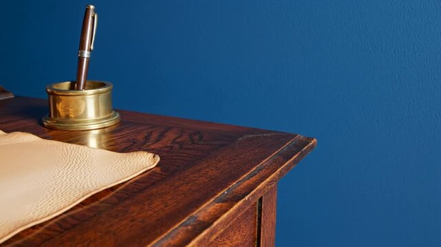 A close-up of a vintage wooden desk with a pen holder, leather blotter, and blue wall