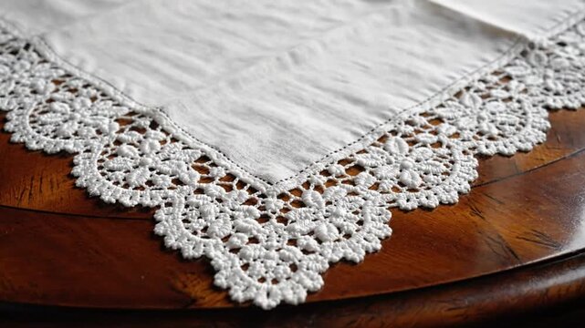 Close-up of a delicate white lace-edged doily on a glossy wooden table, evoking a sense of calm and classic elegance