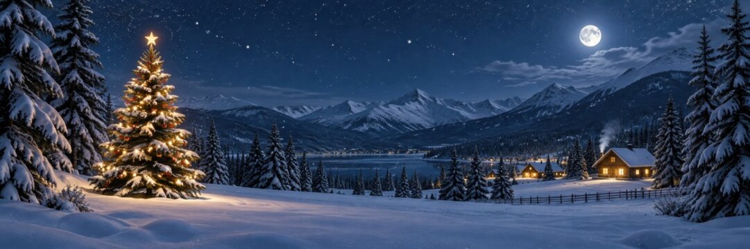 illuminated christmas tree in winter mountain landscape under full moon and starry night. snowfall, village lake. banner, website header with copyspace.