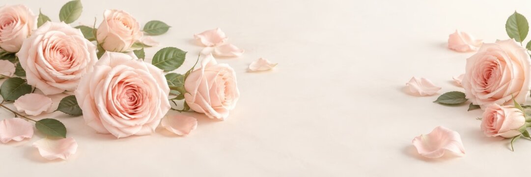 elegant pale pink roses and scattered petals on soft beige background. romantic floral border frame. valentines day, wedding invitation, greeting card, banner, website header with copyspace.
