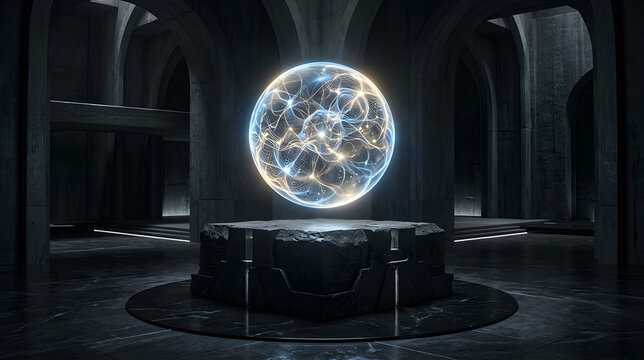Glowing energy sphere floating above a dark stone pedestal in a vaulted hall
