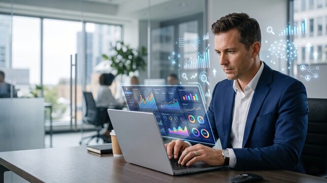 Businessman using a laptop with digital data visualization overlay