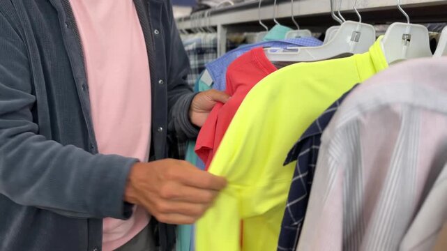Close-up of a man browsing secondhand dress shirts on a clothing rack while shopping for affordable menswear at a thrift store. 15418  