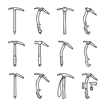 Assorted ice axes and climbing tools in a clean grid layout with white background