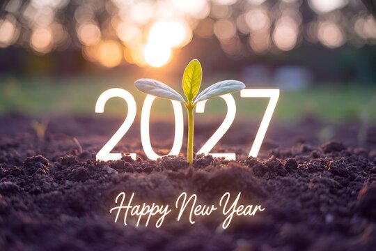 Happy New Year 2027 greeting card, young plant sprout growing from soil at sunset, sustainable future and business growth concept