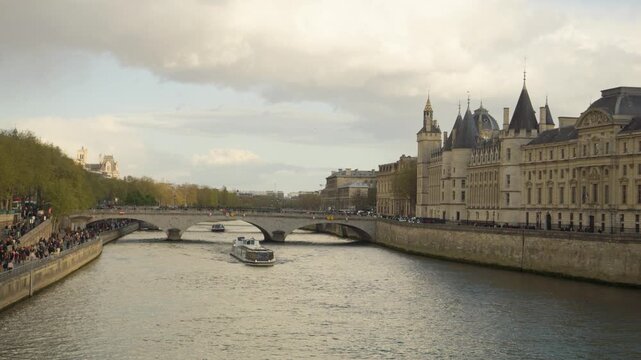Seine River with Historic Architecture and Bridges in Central Paris, France