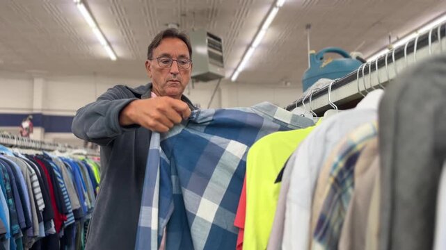 Wide low-angle view of a man browsing secondhand shirts on a clothing rack while shopping for affordable apparel inside a thrift store. 15419  