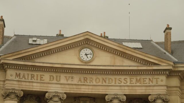 Historic Town Hall of the 5th Arrondissement with Clock and Neoclassical Facade in Paris, France
